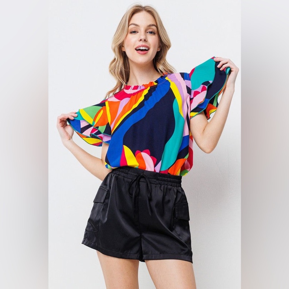 Ces Femme Bold Multicolor Abstract Flutter Sleeve Top